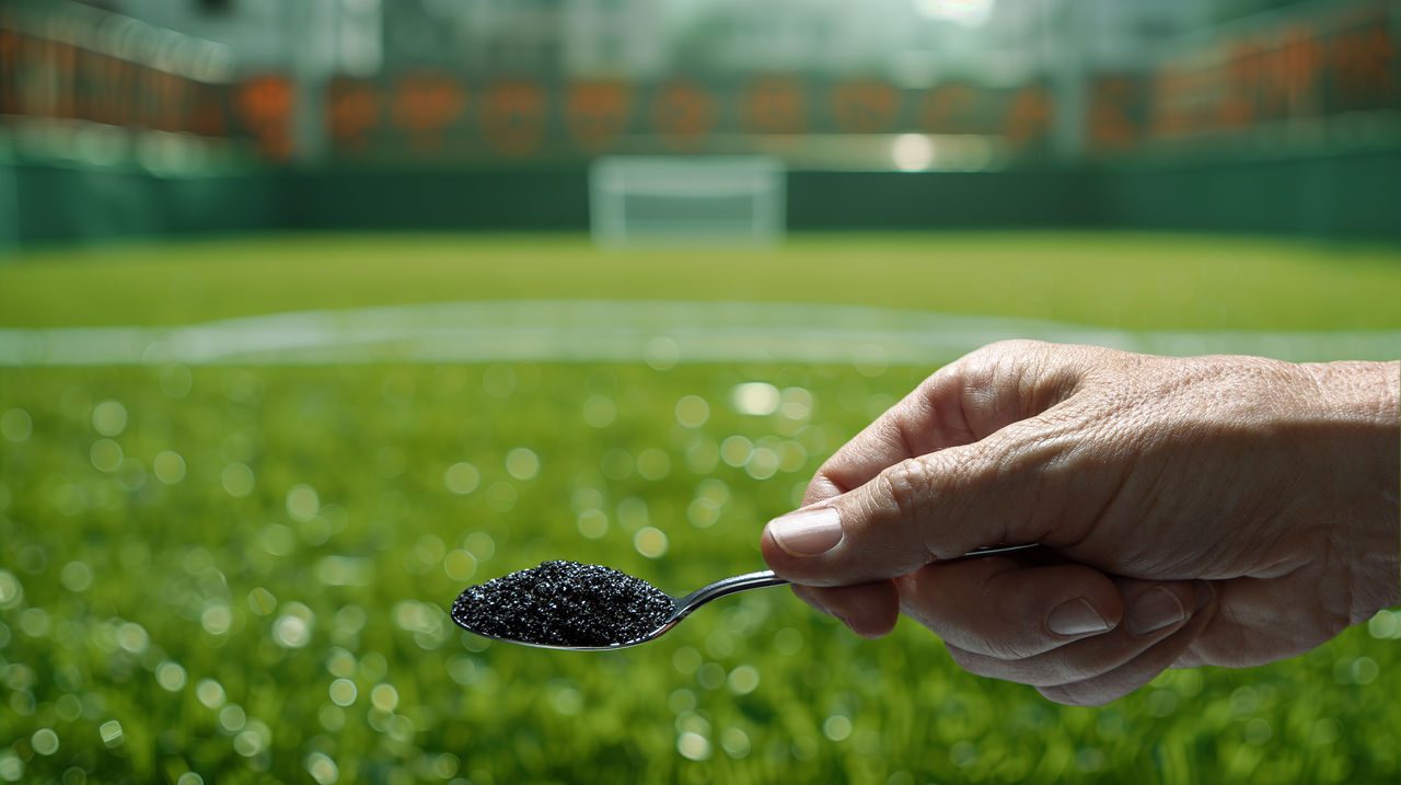 spoon with activated carbon in front of soccer field